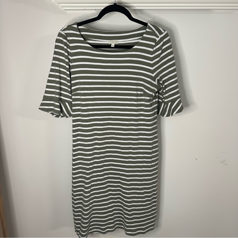 Talbots Olive Striped Dress Loose Body Con Fit with Fluttered Sleeves